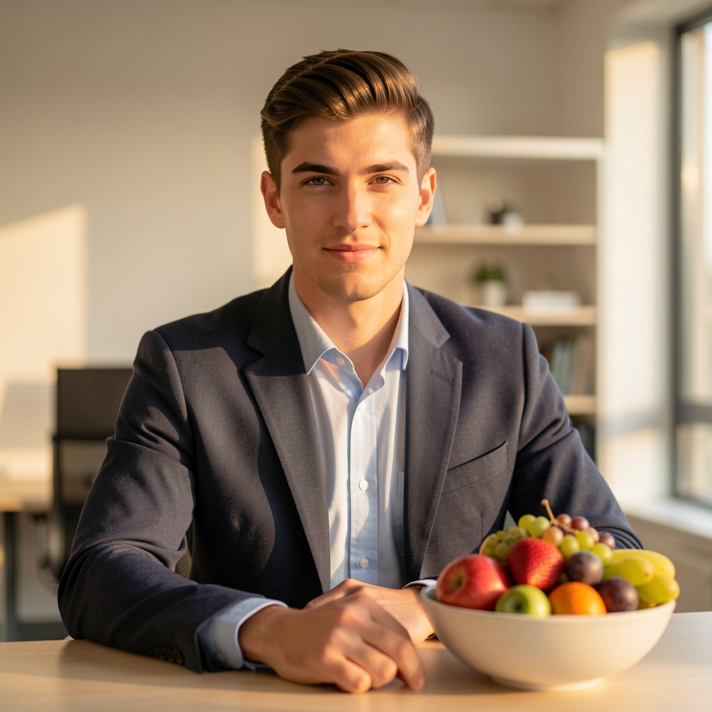 Editorial portrait of Jasper Ashcroft photographed in a clean modern workspace with warm afternoon light and a bowl of seasonal fruit on the desk