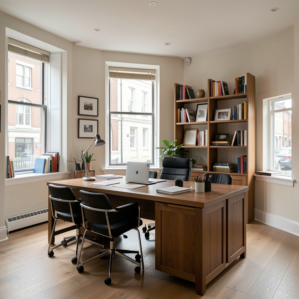 Wide shot of the Braloven Compendium editorial office at 31 Great Russell Street, London, showing a bright open workspace with white walls, wooden tables and green plants